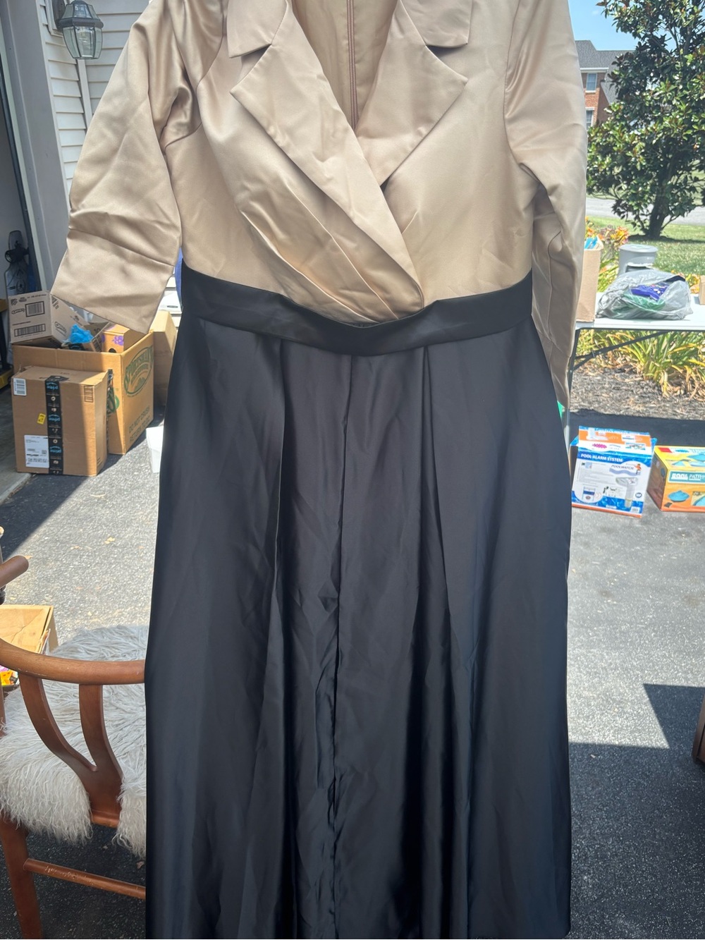 Two-Tone Satin Evening Dress in Champagne and Black